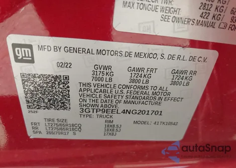 2022 GMC Sierra 1500 Limited 4Wd Short Box At4 z USA, uszkodzony, nr VIN 3GTP9EEL4NG201701